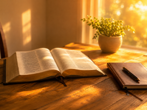 Open Bible and journal representing godly conviction, repentance, and restoration in Christ.