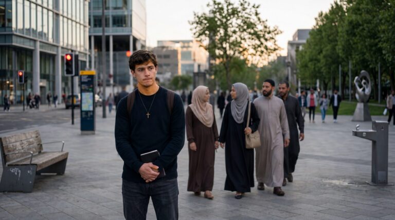 Christian man wearing a cross necklace hesitates while holding a Bible as Muslims walk past him on a city sidewalk.