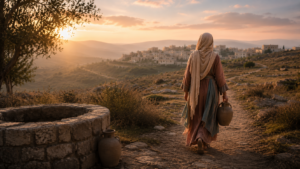 Samaritan woman with a clay jar walking away from a well towards a city