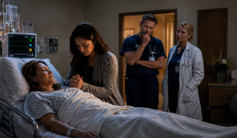 Woman praying over her mother while two doctors watch skeptically from behind